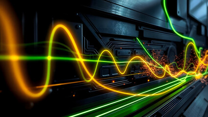 Network Flow: A vibrant, futuristic depiction of data transfer. Energy streaks weave and pulse, illustrating the invisible network flow of information within the structure.