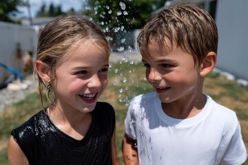 Fototapeta premium Two kids enjoy their playful moment amidst water spray on a sunny day, capturing the essence of childhood joy and carefree summer experiences in a vibrant setting.