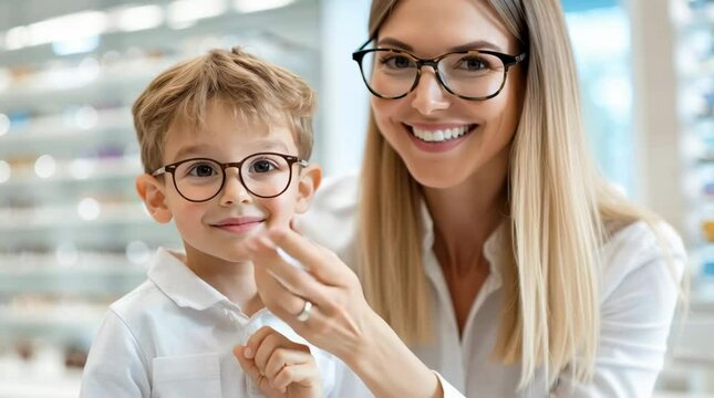 Happy Mother Helps Son Choose Eyeglasses During Vision Exam in Bright Optical Store