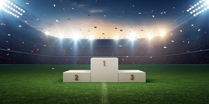 Empty winner podium with confetti falling in a stadium with bright spotlights and cheering crowd