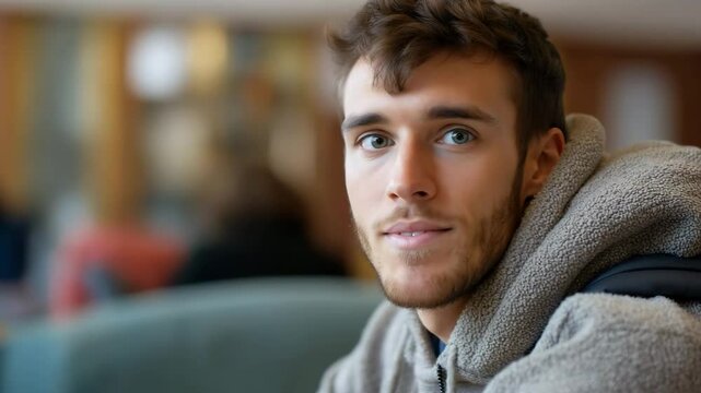 Young man's reaction: contemplation to joyful expression in warm cafe environment