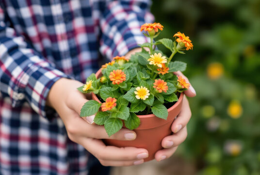 Gardener holding pot with blooming orange and yellow zinnia flowers