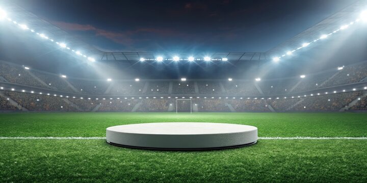 Empty circular podium on a brightly lit sports stadium soccer field at dusk with a goal in the background