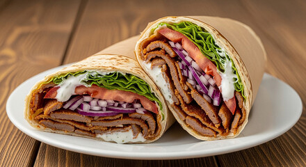 Turkish Döner Wrap with Rustic Warm Wood Background