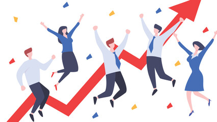 Group of people celebrating success with arms raised near a red upward trending arrow and confetti