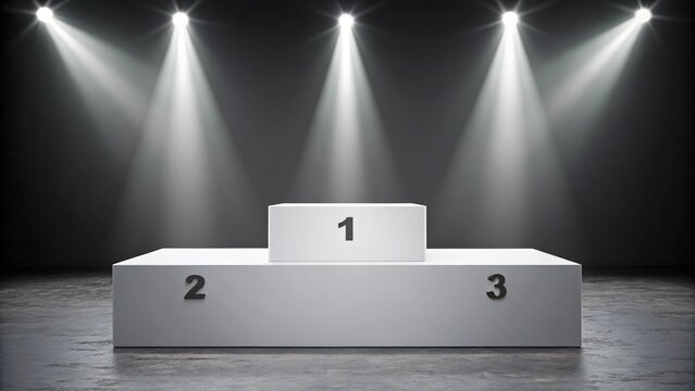 Empty white winners podium with spotlight illumination and numbers one two and three