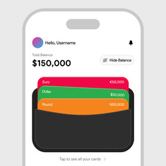 Mobile wallet UI. Mobile banking fintech interface. Financial wallet with card stack. Digital money balance screen. Multi-currency finance dashboard. Euro, Dollar, Pound account. Vector Illustration