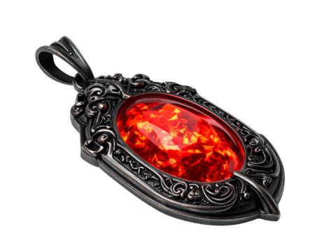 mystical cursed amulet with glowing red gem, vintage magical pendant isolated on black
