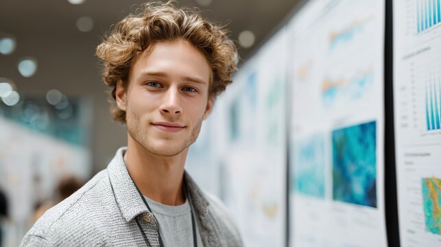 Young man presenting research at an academic conference in a modern exhibition space, engaging with attendees and showcasing his work