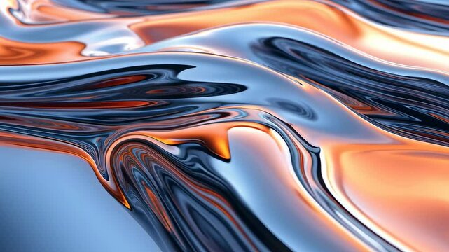 flowing liquid metal surface in abstract motion with orange and silver reflections