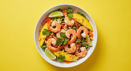 Vietnamese Mango Shrimp Salad with Tropical Yellow Background