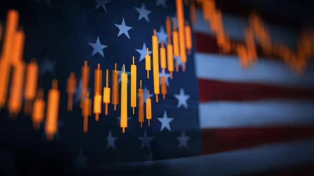 Stock Market Candlestick Chart Overlay on Blurred American Flag in Three Frames
