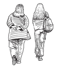Two casual city women pedestrians walking outdoors, back view, realistic sketch, vector illustration isolated on white background