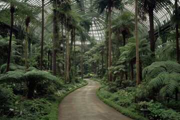 Obraz premium Path through a lush greenhouse. Tropical plants line a winding walkway beneath a glass dome
