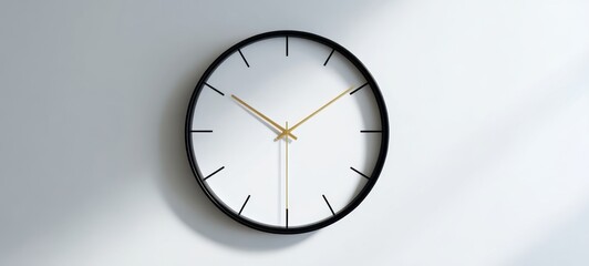 The modern clock with minimalist design against a bright wall background.