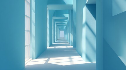 Obraz premium A modern blue minimalist corridor with geometric shapes and bright natural lighting .