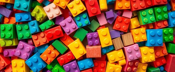 Colorful plastic toy bricks, top view, close-up texture Stackable, educational, developmental, development, plastic