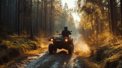 ATV exploring golden sunlight forest trail, conveying adventure and freedom