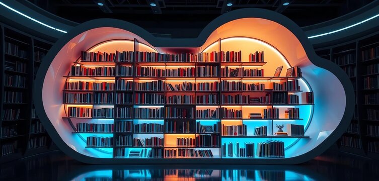 Cloud-shaped bookshelf, glowing LEDs, futuristic library, digital ambiance, white, light design