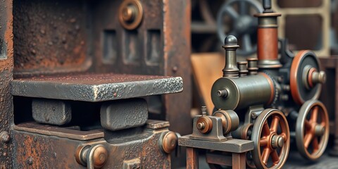 Close-up of a rusty iron forge alongside a miniature steam engine model, depicting early industrial revolution factory machinery,  old,  machinery