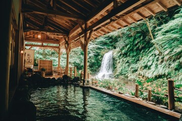 Tranquil outdoor hot spring, nestled beneath a wooden structure, overlooking a waterfall and lush greenery