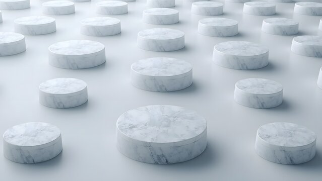 Seamless arrangement of white marble cylindrical pedestals on a light grey background