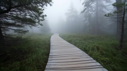 Mysterious foggy pathway leads through a dense forest, atmospheric woodland landscape - Powered by Adobe