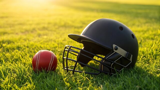 Cricket helmet and red ball resting on lush green grass with warm golden sunlight