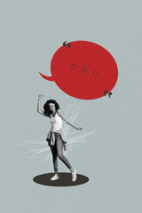 Vertical image photo collage of happy girl guy stand bubble communication chatterbox speech...