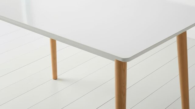 Minimalist White Table with Wooden Legs on a Clean White Floor Panning Right