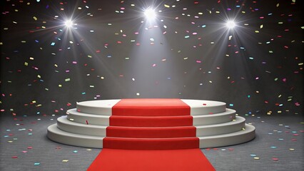 Empty tiered stage with red carpet and falling confetti under spotlights celebrating success