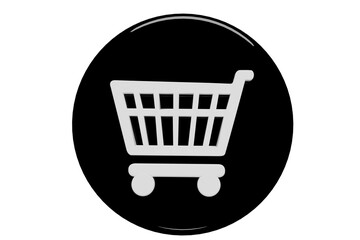 3D shopping cart icon in metallic gray on glossy black circular button for e commerce and retail UI