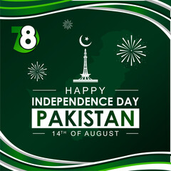 Pakistan Independence Day celebration event 14 August every year in Pakistan. best for card, poster, template, banner, happy Independence Day, with moon, star, waving ribbon and Pakistan minaret.