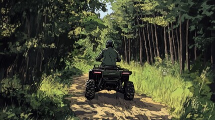 Off-road adventure illustration: Solitary rider on a quad bike through forest trail