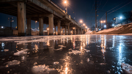 Fototapeta premium An urban bridge with ice formations and streetlight reflections on the glossy road surface creating a cold atmospheric city night scene