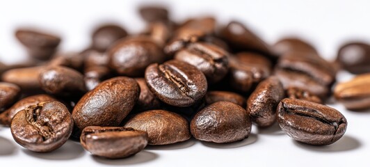 Naklejka premium The close-up view of fresh roasted coffee beans scattered on a surface.
