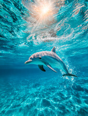 Playful dolphin swimming beneath the sunlit ocean surface