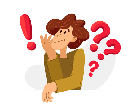 Young man having a doubt and question, vector illustration of a person who is hesitating and thinking about some problem, decide uncertainty.