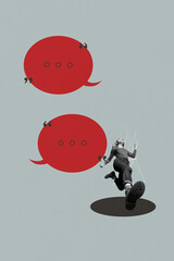 Banner 3d poster art collage of happy girl guy stand bubble communication chatterbox speech...