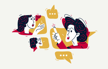 Team of young people having a discussion or brainstorm online, vector illustration of internet seminar webinar with a coach, or leader with team of employees having work communication.