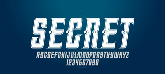 Vintage mystic and secret font for emblems and logos, old ancient display typeface for headers and slogans, poster typography design alphabet letters and numbers, italic version.