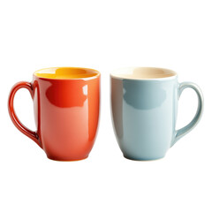 Elegant ceramic mugs in vibrant red and soft blue colors, perfect for coffee or tea, isolated on transparent background, cutout png