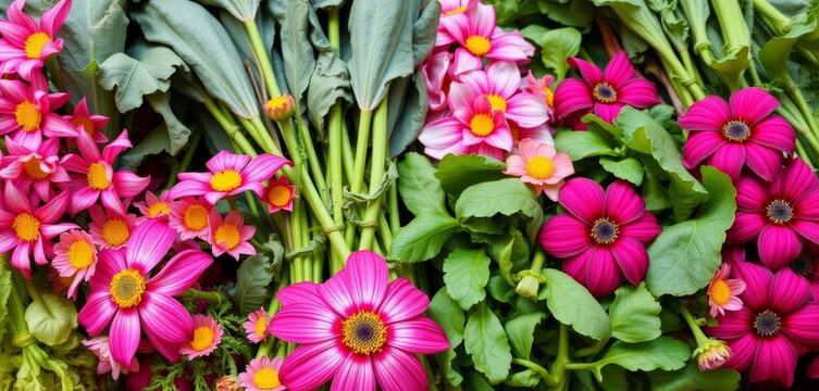 Freshly harvested agati flowers and vibrant green vegetables, stems, healthy