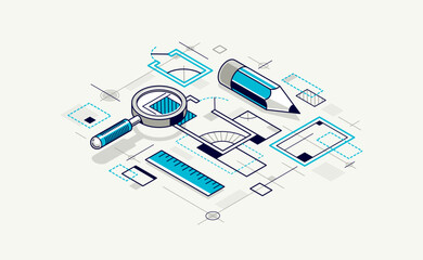Engineer at work concept, engineering job, paper document blueprint engineering vector 3D isometric illustration, abstract draft drawing, cad technical plan.