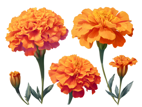set of four vector illustration from multiple perspectives of beautifully Marigolds , Cempasúchil,