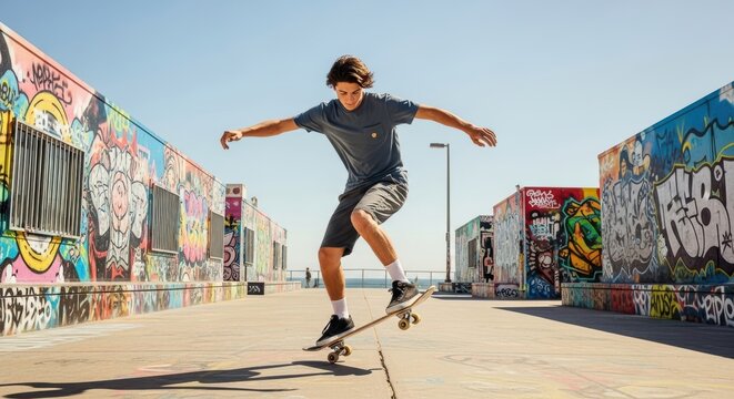 Dynamic Skateboarding Scene in a Vibrantly Graffiti-Decorated Urban Skate Park