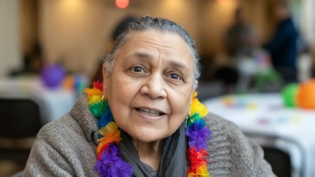 Joyful expression of elderly woman with vibrant floral lei in social gathering