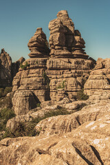 Limestone rock formations like pillars between green vegetation under a blue sky. National park El...