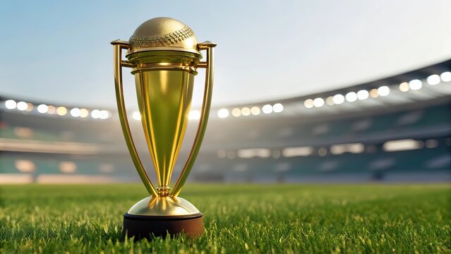 Golden cricket trophy on a lush green field with stadium lights in the background