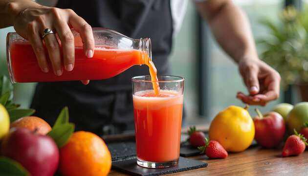 Bartender pouring fresh juice into glass with fruits on table